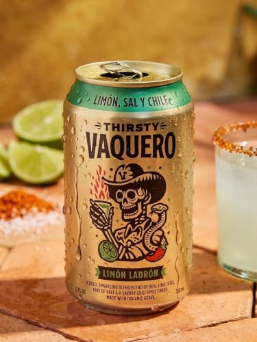 Image of Thirsty Vaquero, Lime, Salt & Chile Flavored soda (Limon Ladron), Mexican-inspired soda, Real Fruit Juice & Savory Spices, Made with Organic Agave, Low Calorie, Natural Juice, 12 oz Cans, 4-Pack