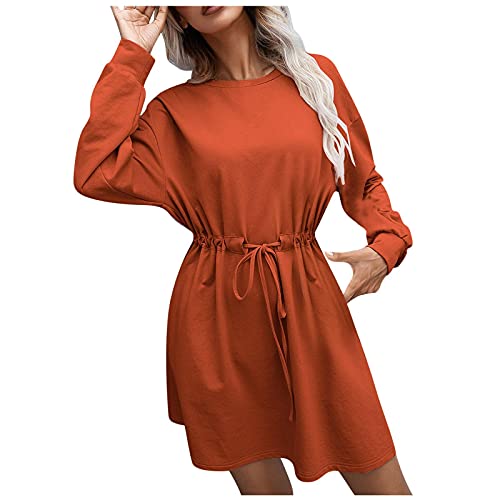 BEAUTYVAN Women's Long Sleeve Casual Loose Drawstring Dresses Fashion Solid Color Spring Round Neck Lounngewear with Pockets Orange