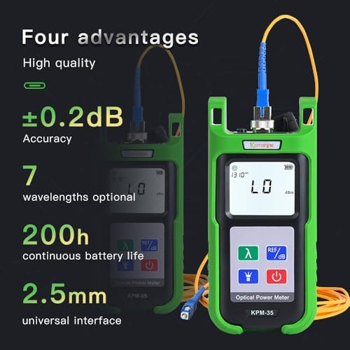 -70+10dBm + 7 Wavelengths 850/980/1300/1310/1490/1550/1625nm LED Built in Optic Fiber Power Meter KomShine KPM-35 FTTX Cable Tester OPM with Automatic Calibration Support