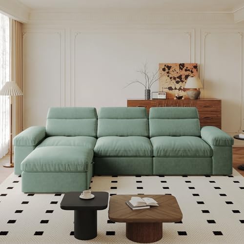 Vyrthmia Modern L-Shaped Sectional Sofa, 4-Seate Polyester Blend Couch with Storage Ottoman, Adjustable Backrest and Storage, for Living Room, Apartment (Dark Green+Down Filling)