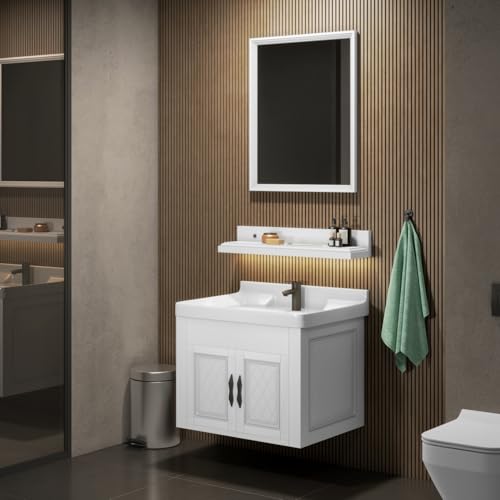 Image of WASSMIST Bathroom Vanity Washbasin Cabinet with Mirror & Shelf | Wall Mounted Wash Basin with Cabinet Full Set | Waterproof & Unbreakable (White)