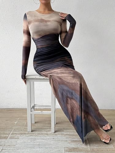 MARZXIN Womens Long Sleeve Maxi Dress Bodycon Ruched Natural Slim Fit Tie Dye Dress Cocktail Dresses Mesh Dress4