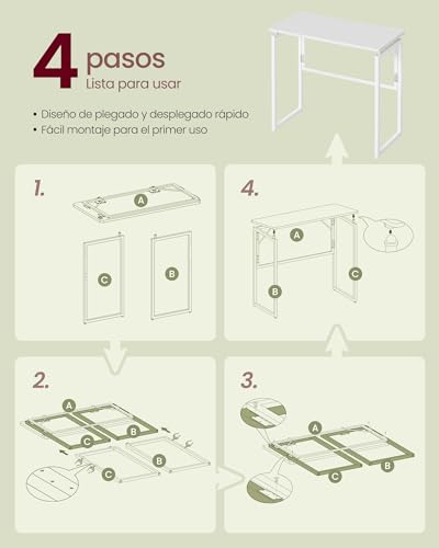 Miniatura 7 de Vasagle Mesa Plegable, Escritorio Plegable, Tablero De Una Pieza, Bordes Redondeados, Para Dormitorio, Balcón O Camping, Fácil Montaje, 80 X 40 Cm, Blanco Arce Lwd151wf01