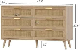 Rovaurx 6 Drawer Double Dresser for Bedroom, Rattan Chest of Dressers, Modern Wooden Dresser Chest with Golden Handles, Beside Table for Closet, Living Room and Entryway, Natural