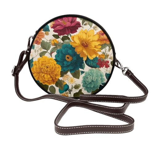 XTCOO Circle Crossbody Bag for Women - watercolor colorful flower Print PU Leather Circle Purse for women