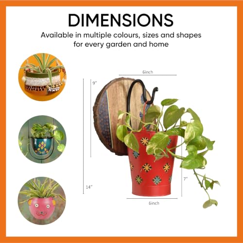 Image of AAKRITI ART CREATIONS Red Bucket Metal Planter on a Round Wall Hook