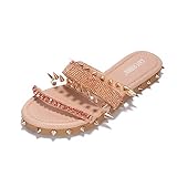 Women's Slide Sandals Spiked Flat Slides, Summer 2025 Comfortable Slip-On Beach Shoes with PU Leather Sole (Xtreme) - Nude Size 10