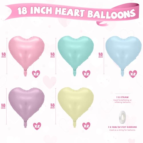 Image of Pastel Heart Balloons, 10 Pcs Macaron Heart Shape Balloon, 18 Inch Pastel Pink Purple Teal Blue Yellow Foil Valentines Balloons for Kids Candy Birthday Wedding Baby Shower Easter Party Decorations