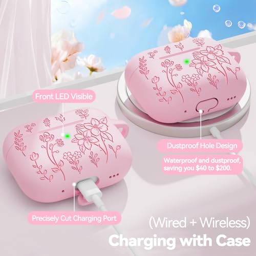 Image of for Airpods Pro 3 Case with Magnetic Lid, Flower Engraved Case Cover Compatible with AirPods Pro 3rd Generation 2025, Soft Silicone Cases with Keychain & Cleaner for Women Girly, Shockproof