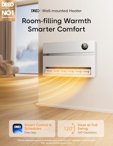 Image of DREO Wall-Mounted Heater, Smart Space Heater for Bedroom with DREO FortPlug Overheat Protection, 120 Vertical Oscillation, Thermostat, 24H Timer, 1500W Electric Heater for Indoor