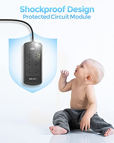 USB Outdoor Power Strip Weatherproof, Waterproof Surge Protector with 3 USB Ports and 6 Outlets, 6 FT Extension Cord, Shockproof Overload Protection, Mountable for Home Office Patio Porch, Black - Thumbnail 6