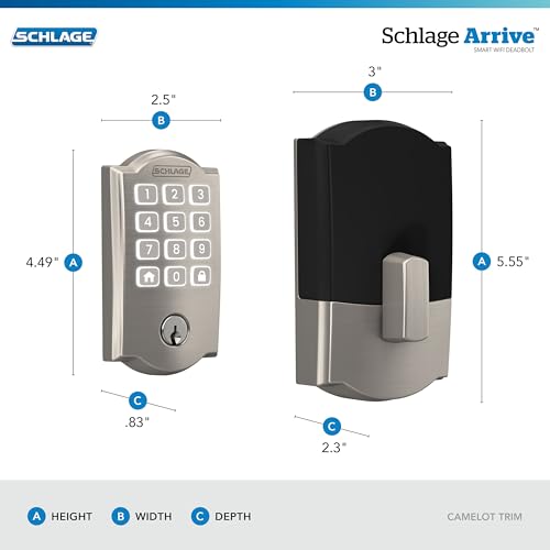 Image of Schlage Arrive Smart WiFi Deadbolt Lock with Camelot Trim, Satin Nickel | Keyless entry door lock, Push button keypad, Built-in app control, Alexa, Google Home & Ring compatible, Certified security