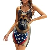 WOEZKEX Women's American Flag German Shepherd Dogs (4) Dress Spaghetti Strap Sleeveless Casual Party Beach Dresses