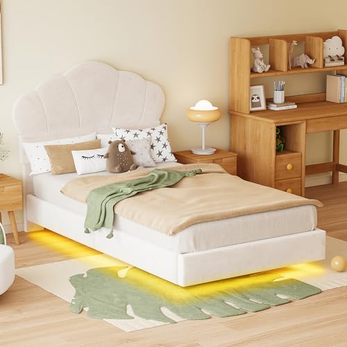 Rtopsu Polsterbett Doppelbett 90x200 cm mit LED-Leiste, Bett Einzelbett mit Wolkenförmiges Kopfteil, Jugendbett Bettgestell mit Lattenrost aus Holz und Metallrahmen, Samtstoff, Beige, Ohne Matratze