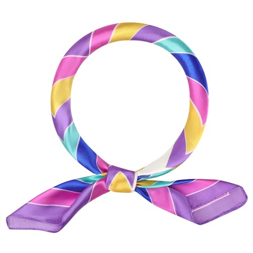 Women Colorful Striped Satin Scarf, 23.6x23.6 Square Silk Like Neck Scarves Neckerchief