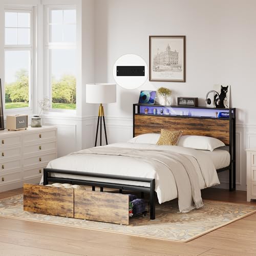 ROOMTEC Full Size LED Bed Frame with Headboard, Charging Station, and Storage Drawers - Easy Assembly, Noise-Free, Vintage Brown