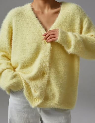 Image of COZYPOIN Womens Fuzzy Cardigan Sweater V Neck Button Down Soft Knit Coat | Loose, Comfy, Slouchy Drop Shoulder, Long Sleeve Fluffy Mohair, Warm, For Daily Work Holiday, Spring Fall Winter Fashion