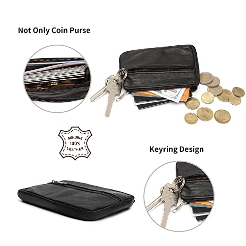 Coin Purse Pouch For Women, Genuine Leather Mini Cash Wallet With Keychain Ring Holder (Black) #TOP4