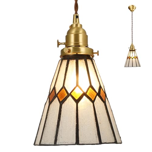 【おしゃれ レトロ】ペンダントライト 照明器具 真鍮製ボディ&ガラスシェード(ステンドグラス風)LED対応 E26口金 コード長さ調節可能 天井吊り下げ式 玄関/書斎/ダイニングルーム対応 - オレンジの菱形(電球別売)