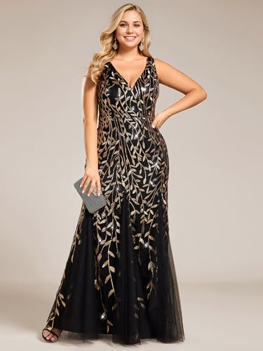 Image of Ever-Pretty Plus Sequin Formal Dresses Sleeveless V Neck Mermaid Ball Gowns Plus Size Prom Dress
