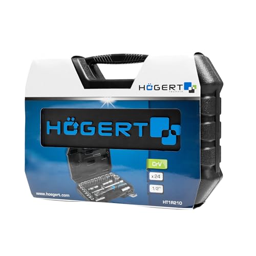 Högert Technik - Steckschlüsselsatz 24-teilig 1/2 Zoll mit Knarrenschlüssel, Ratsche, Stecknüssen 8-32 mm aus CrV Stahl im Koffer für Werkstatt und Garage