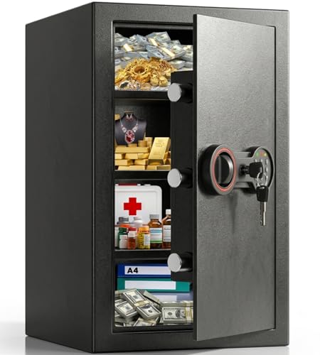 [23.6' Tall] Large Safe Box with LED Light, Anti-theft Home Safe with Digital Keypad, Spare Keys and 3 Removable Shelves, Wall/Floor Mountable, Security Safes for Home Money Firearm Documents