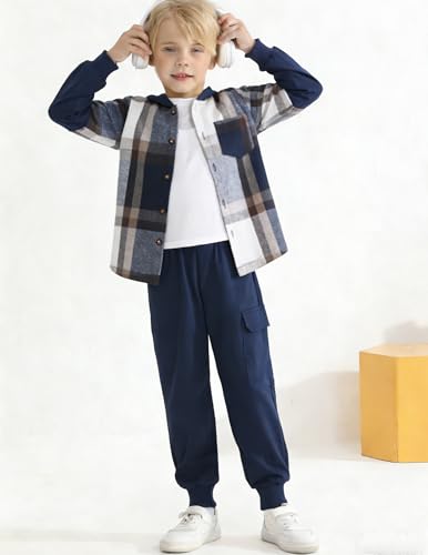 Image of 2Pcs Boys Clothes Sweatsuit Set Hoodie Flannel Plaid Shirt and Jogger Pants for Kids Fall Winter Spring Outfits