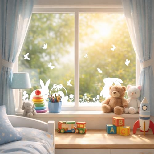 Fensterbilder Ostern, Fensterbilder Frühling Selbstklebend, 6er Set Oster Fensterdeko mit Hasen & Schmetterlingen, Osterdeko für Fenster & Glasflächen
