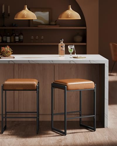 VASAGLE EKHO Collection - Bar Stools Set of 4, Counter Height Bar Stools, Synthetic Leather with Stitching, Mid-Century Modern Counter Stools, 26-Inch Tall, Kichen Home Bar Dining Room, Caramel Brown - view 3