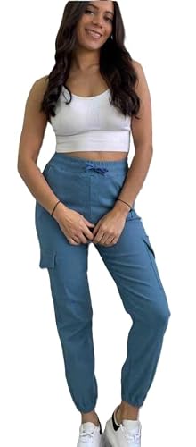 Image of Want Clothing New Women's Cargo Button Pocket Leg Casual Stretch Fit Combat Trousers Cargos Pants Elasticated Cuff Bottoms (UK, Alpha, S, M, Regular, Regular, Denim Blue)