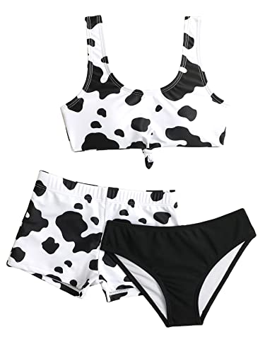 WDIRARA Girl's Swimwear Cow Print 3 Piece Swimsuit Bikini Set with Shorts Bathing Suits