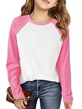 Haloumoning Kids Girls T Shirts Casual Raglan Long Sleeve Tee Crewneck Color Block Cute Fall Blouses Tops 5-14 Years Bright Pink