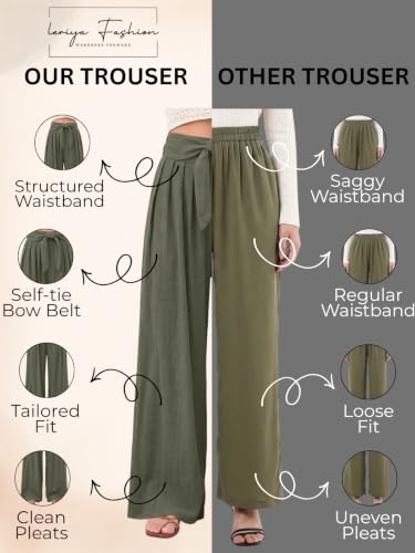 Image of Leriya Fashion High Waist Palazzo Pants for Women | Poly Cotton Wide Leg Trouser Pants for Women | Relaxed Fit Pleated Trousers for Casual & Semi-Formal Wear