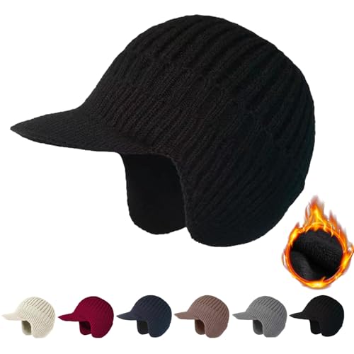 2026 New Unisex Cozy Head Beanie with Brim and Ear Flaps Winter Knit Beanies for Men Women (Black One Size)