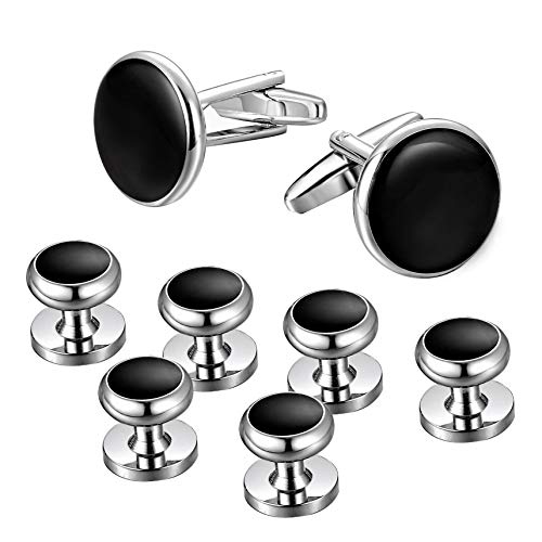 Morfetto Herren-Manschettenknöpfe und Nieten-Set, Smoking-Hemden, klassisches Schwarz-Silber-Match für Geschäfts- und Hochzeitsanzüge Silber