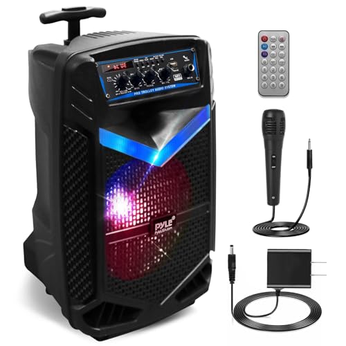 Pyle Sistema de Altavoces, PA, 400W, Bluetooth, portatil, Recargable, Exteriores, subwoofer de 8”, Tweeter de 1”, función de grabación, micrófono, Luces de Fiesta, Radio USB/SD, Color Negro