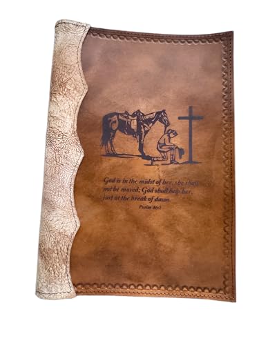 Leather Bible Cover with Praying Cowgirl Design and Psalm 46:5