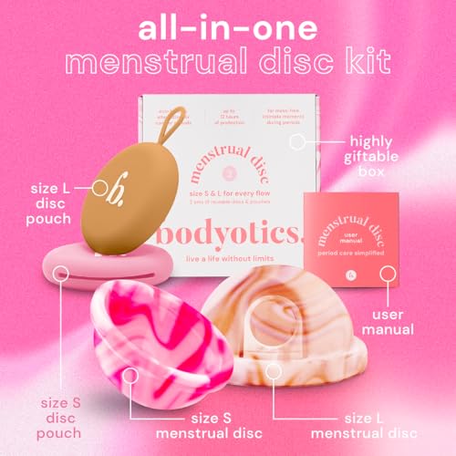 Image of Bodyotics Reusable Menstrual Disc - 2 Pack (S & L), Pink & Beige | Leak-Proof Alternative to Cups, Tampons & Pads for Light or Heavy Flow; Body-Safe Silicone with 12 Hour Wear