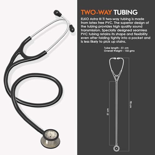 Image of ELKO EL-240 ASTRA III Ti Titanium dual head acoustic stethoscope | Adult & Pediatric Stethoscope with Double-sided Natural Titanium Chestpiece | Two-Way PVC Tubing | Doctors & Medical Students (Black)