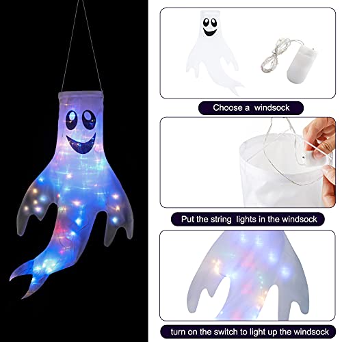 Tegeme 4 Pieces Halloween Ghost Windsocks Decoration Hanging Windsocks Flag with Led Light Halloween Outdoor Decor for Yard Patio Lawn Porch Garden Trees Party Supplies