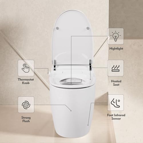 Inodoro inteligente sin tanque de una pieza moderno, blanco | sin bidé, asiento calefactado, descarga automática por sensor de pie, funcionamiento en apagones, tapa con cierre suave y luz nocturna miniatura 5