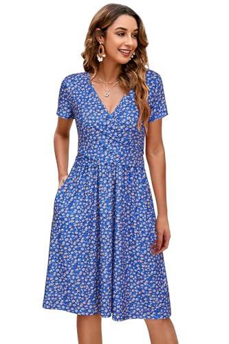 Image of OUGES Maternity Nursing Dress Breastfeeding Short Sleeve V Neck Casual Pregnancy Clothes with Pockets