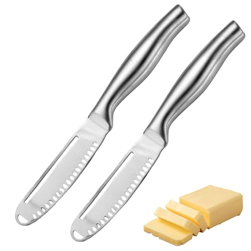 Pwocvoe 2Pcs Butter Knife Spreader 3 in 1 Stainless Steel Butter Curler Cheese Slicer Butter Jams Jell Spread Knife Multi-Function with Serrated Edge Shredding Easy Curling Kitchen
