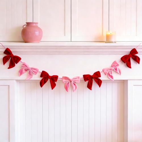 Double Sided Velvet Bow Garland 6.5 Ft Pre-Tied Pink & Red Coquette Banner Decor for Wedding Bridal Shower Anniversary Home Mantel