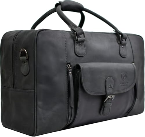 Designer J WILSON London Large Distressed Leather Bag Weekend Holdall Luggage Sports Travel Gym Vintage Carrier Cabin Duffel (Black)