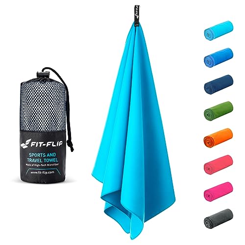 Fit-Flip Swimming towel - fast drying microfibre beach towel - ultra absorbent thin towels for travel, beach & gym - lightweight camping towel (30x50cm cyan - without bag)