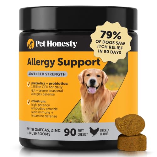 Image of Pet Honesty Max Strength Dog Allergy Chews - Extra Strength Itch Relief - Paw Chewing, Licking & Scratching - Severe Seasonal Allergies Support with Colostrum, Zinc & Mushrooms (Chicken, 90 Ct)