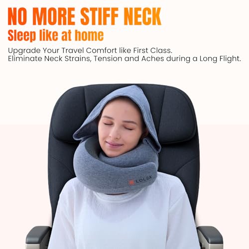 LOLEX™ Hooded Pro Travel Pillow - Memory Foam Neck Support Pillow for Airplane, Flight - Super-Soft Pure Cotton Fabric, Maximum Privacy & Light-Block Design, Lightweight Full Travel Kit - Light Grey - Image 4
