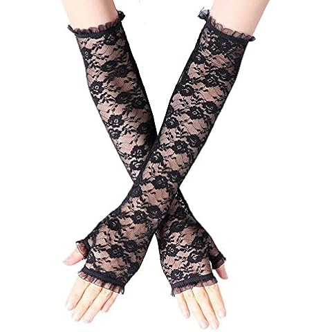 Liitata 1 Pair Women's Long Lace Gloves Fingerless Floral Lace Gloves Ladies's Elegant Party Gloves for Halloween Wedding Prom - Black, One Size Cover