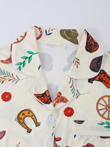 Women's 2 Piece Cowboy Boots Pajama Sets Sleepwear Short Sleeve Button Down Nightwear Lounge Sets3